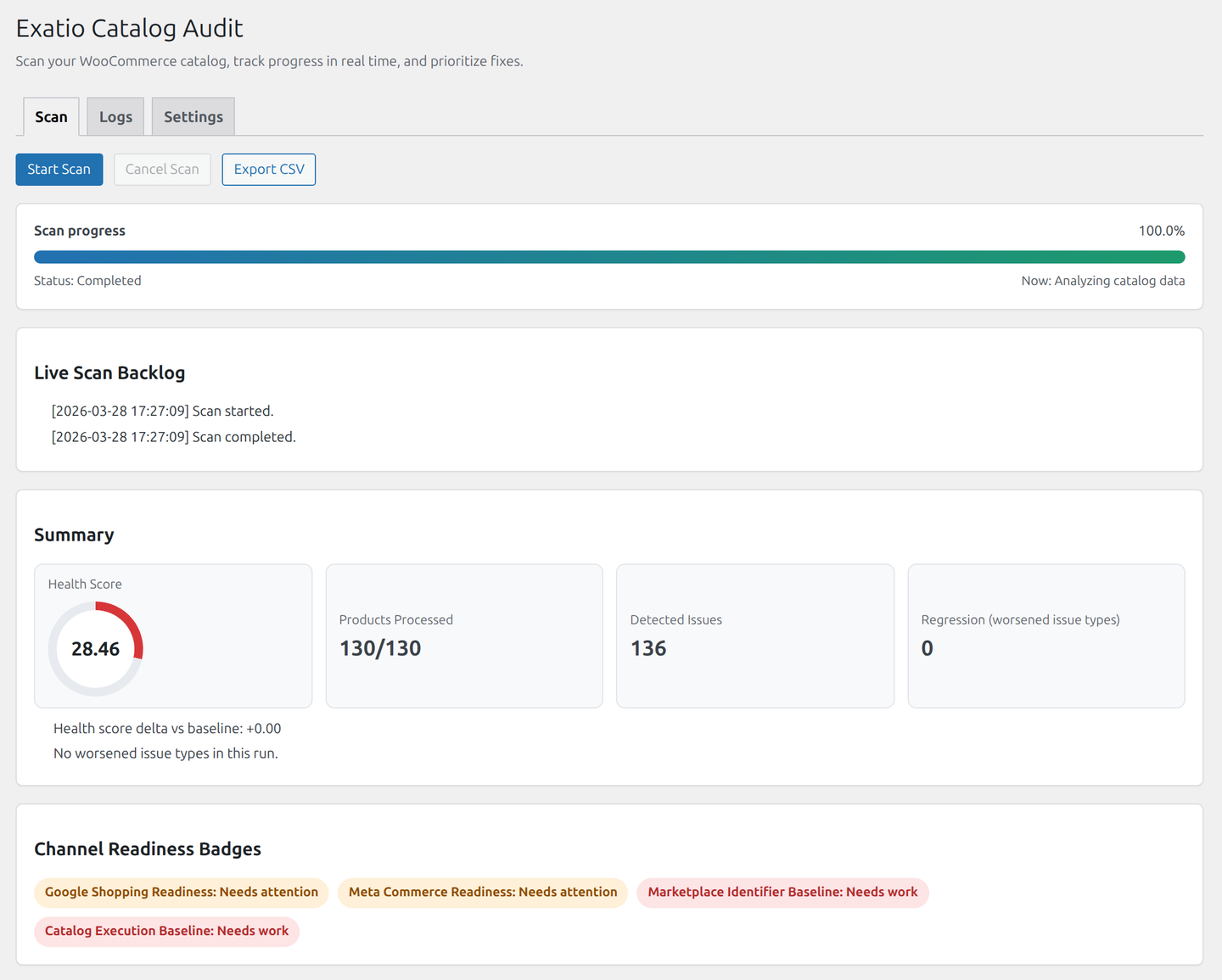 Health score and scan progress view