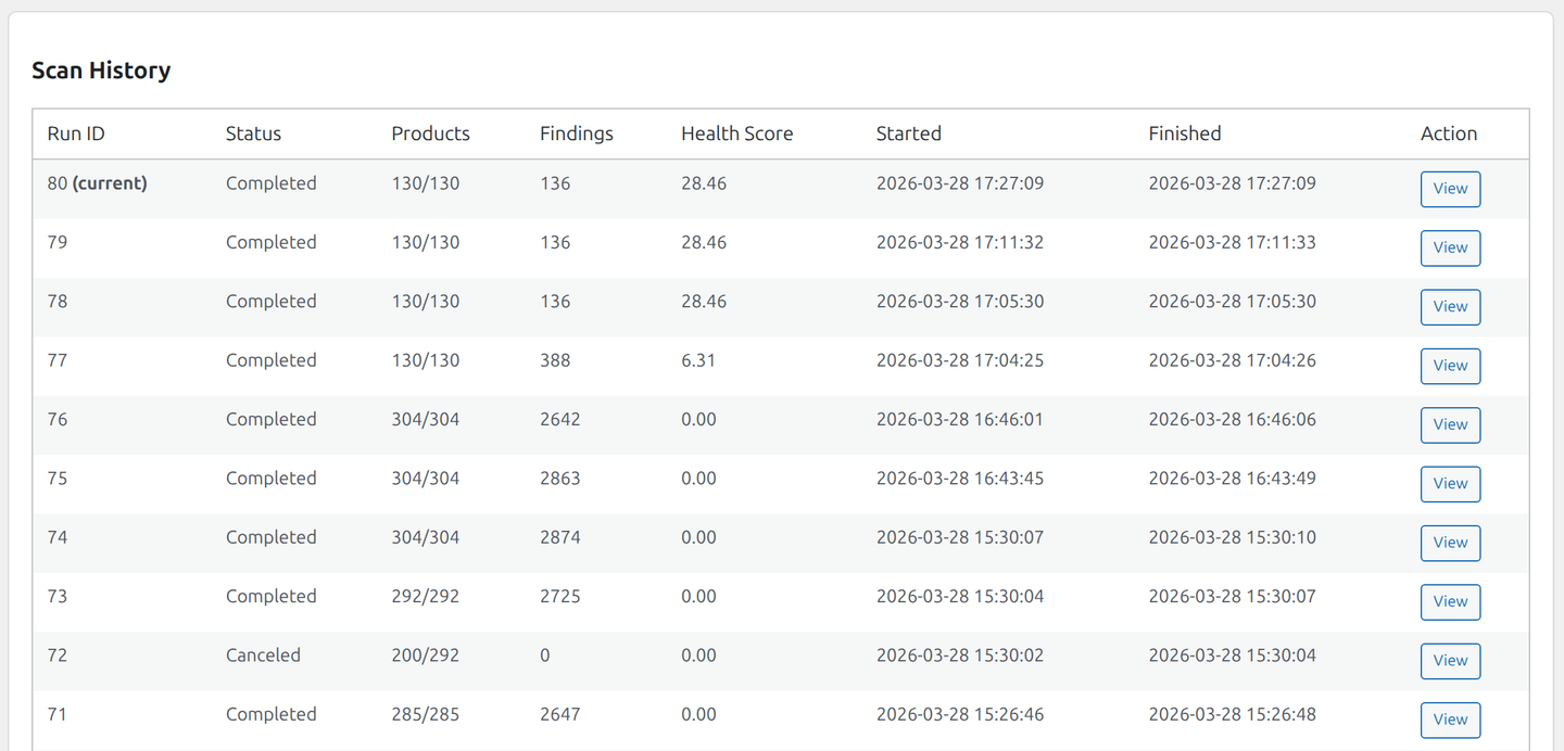 Scan history table with run comparisons