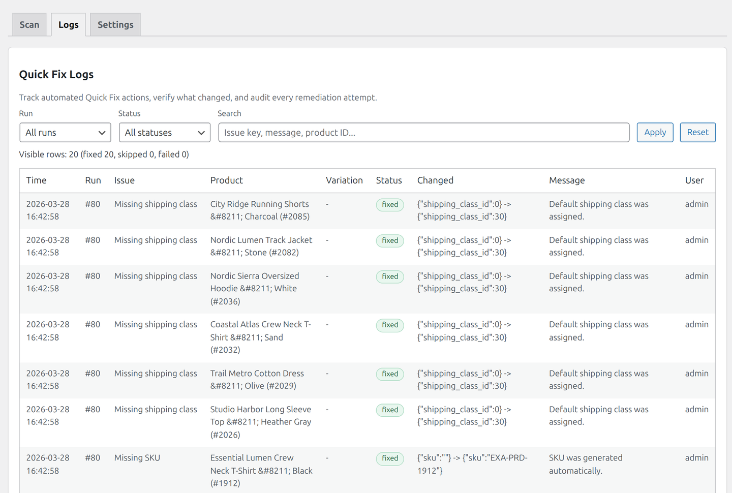Quick Fix logs with remediation events and statuses