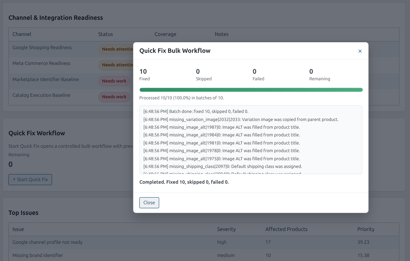 Quick Fix bulk workflow modal