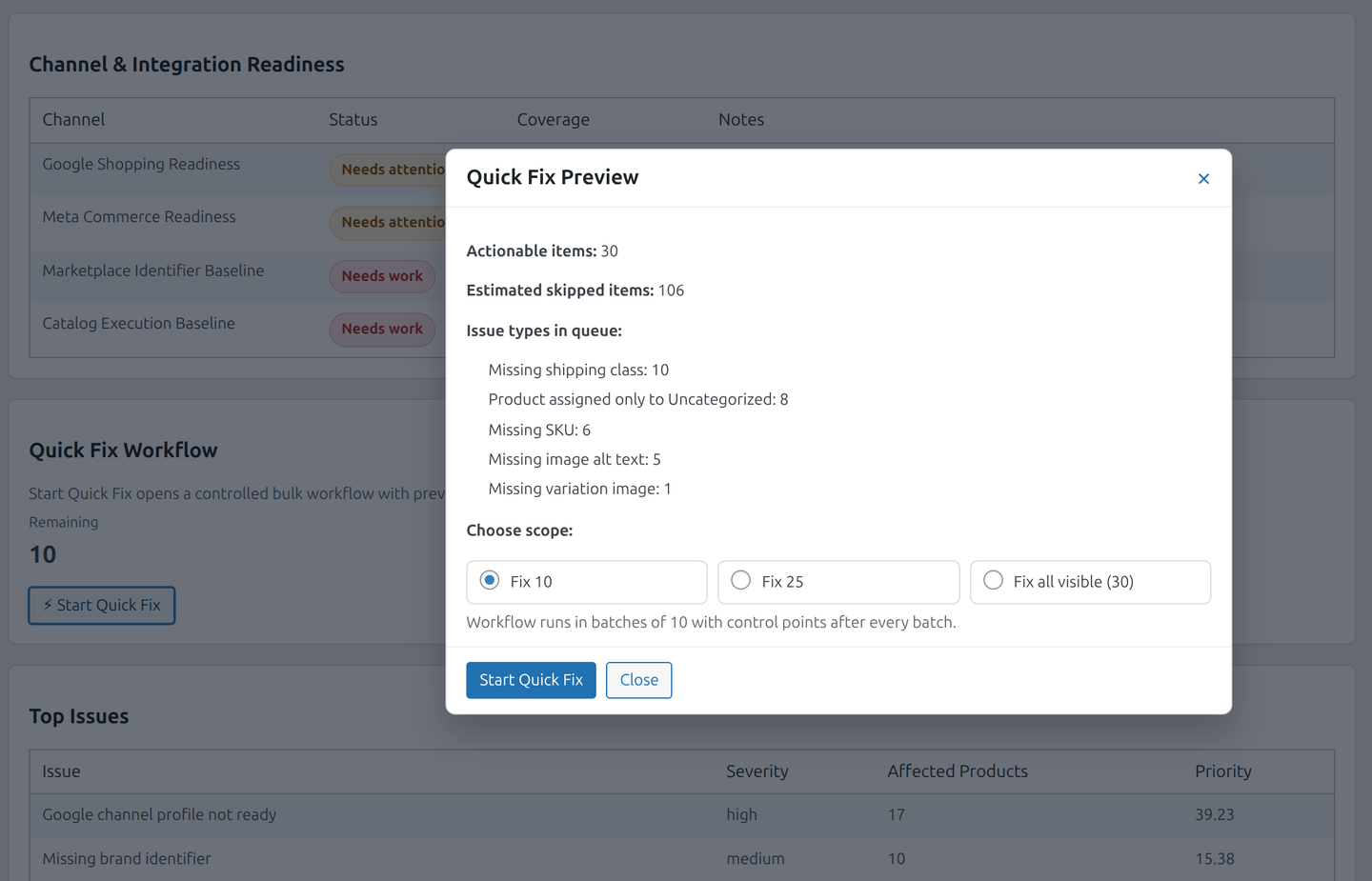 Quick Fix preview modal with actionable item estimate